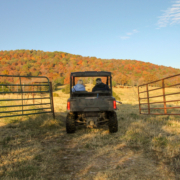 Two people riding on a UTV. They are going through a gate. A hill covered in orange, red, and yellow trees is on the horizon.